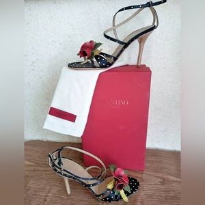 Valentino Garavani Black Polka Dot Heels with Floral Accent